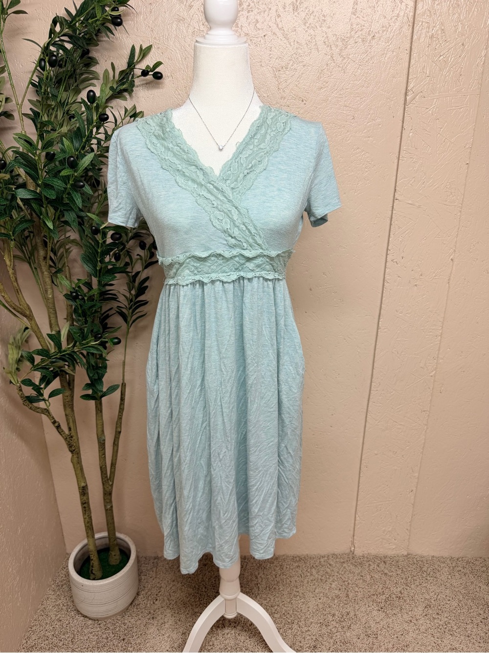 Light Aqua Lace-Trim V-Neck Women's Dress